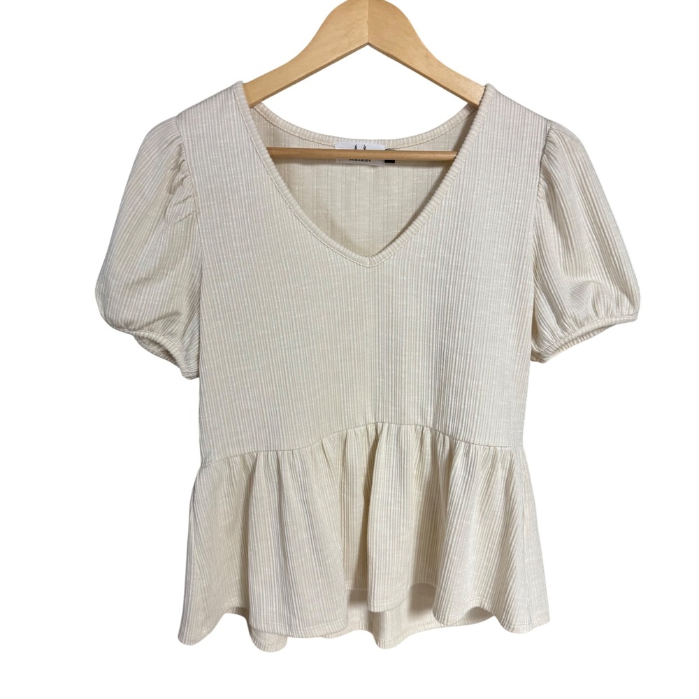 Homebody‎ Womens Cream Ribbed V-Neck Puff Sleeve Peplum Top Blouse S